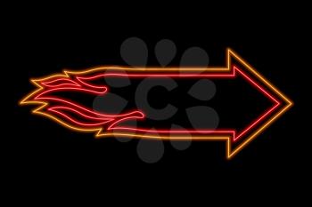 Flame arrow neon sign. Bright glowing symbol on a black background. Neon style icon. 