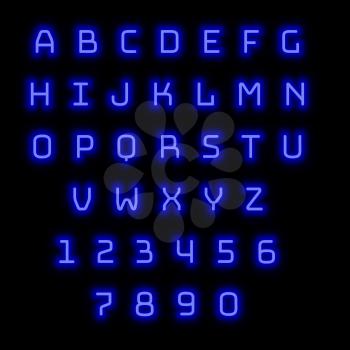 English alphabet and numbers. Neon style. Blue letters. 