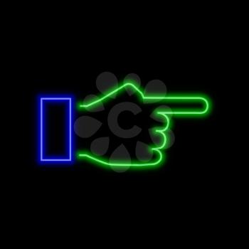 Hand with forefinger pointing forward neon sign. Bright glowing symbol on a black background. Neon style icon. 