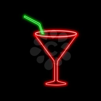 Cocktail glass neon sign. Bright glowing symbol on a black background. Neon style icon. 