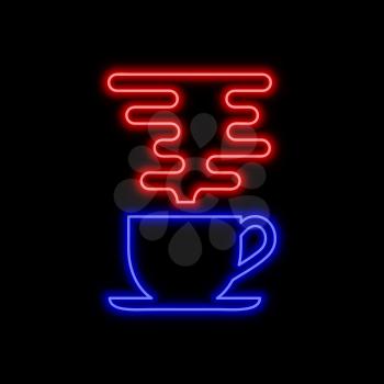 Coffee cup with steam neon sign. Bright glowing symbol on a black background. Neon style icon. 