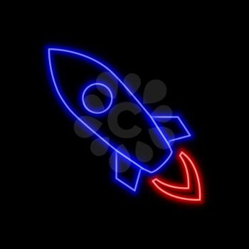 Fying rocket neon sign. Bright glowing symbol on a black background. Neon style icon. 
