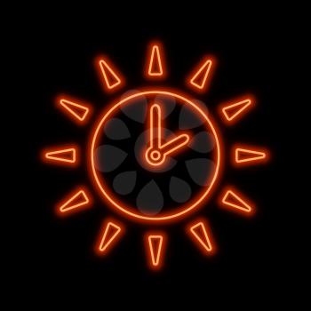 Sun with clock arrows neon sign. Bright glowing symbol on a black background. Neon style icon. 