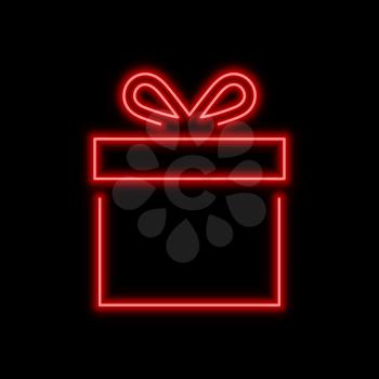 Gift box neon sign. Bright glowing symbol on a black background. Neon style icon. 