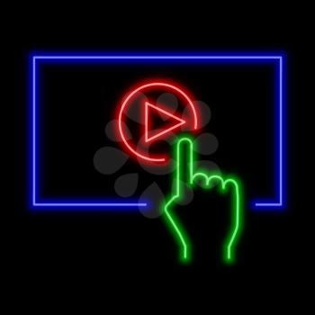 Play video online concept neon sign. Bright glowing symbol on a black background. Neon style icon. 