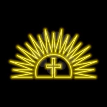 Shining sun and cross neon sign. Resurection concept. Bright glowing symbol on a black background. Neon style icon. 