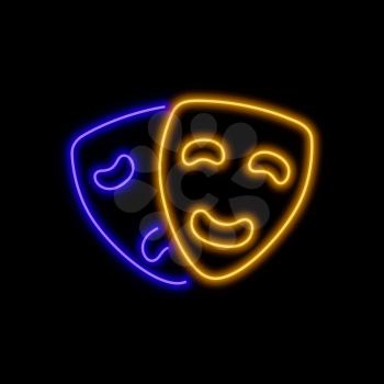 Theater masks neon sign. Bright glowing symbol on a black background. Neon style icon. 