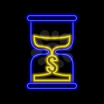 Sand clock neon sign. Time is money concept.  Bright glowing symbol on a black background. Neon style icon. 