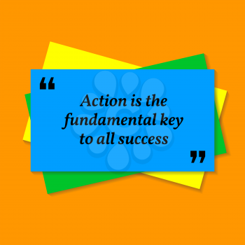 Inspirational motivational quote. Action is the fundamental key to all success. Business card style quote on orange background