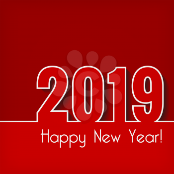 Happy New Year 2019. Creative greeting card template. Over red background