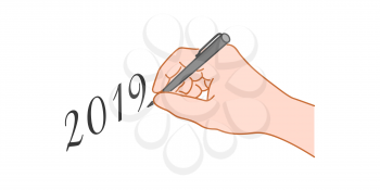 Hand with a pen writing text 2019. Hand drawn style illustration