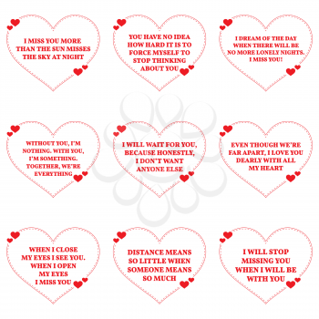Set of quotes about missing love over white background. Simple heart shape design. Vector illustration