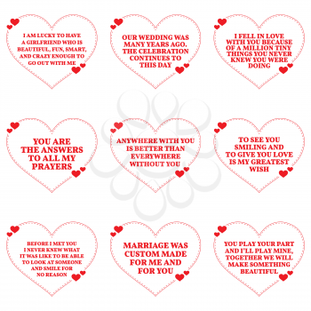 Set of love wishes quotes over white background. Simple heart shape design. Vector illustration