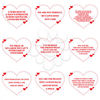 Set of quotes about love over white background. Simple heart shape design. Vector illustration