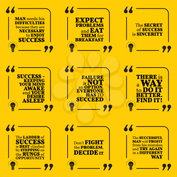 Set of motivational quotes about achievement, success, sincerity, difficulties and opportunity. Simple note design typography poster. Vector illustration