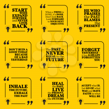 Set of motivational quotes about past, goals, yesterday, future and present. Simple note design typography poster. Vector illustration