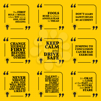 Set of motivational warning quotes about responsibility, fools, rules, blaming, driving, past and future. Simple note design typography poster. Vector illustration