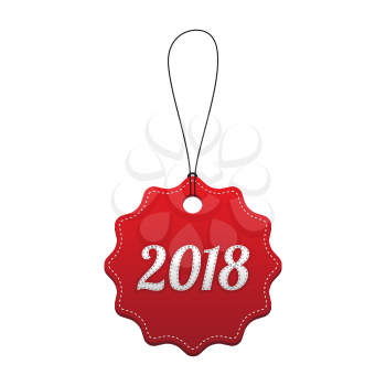 2018. New Year holiday red stitched tag. Vector illustration