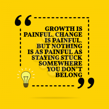 Inspirational motivational quote. Growth is painful. Change is painful. But nothing is as painful as staying stuck somewhere you don't belong. Vector simple design. Black text over yellow background 