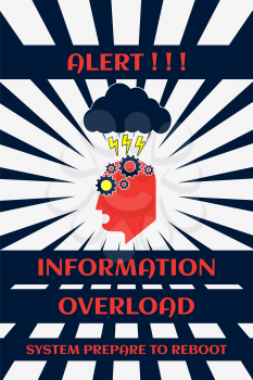 Fun cyberpunk poster. Alert!!! Information overload. System prepare to reboot. Over sunburst background