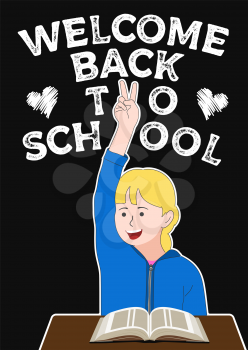 Welcome back to school poster. Smiling Schoolgirl Shows Victory Gesture. Over black background