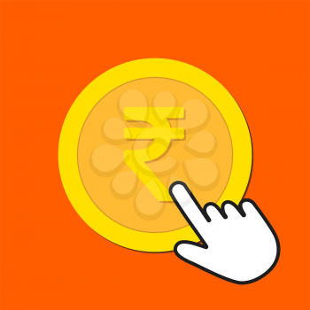 Rupee currency icon. Exchange, buying currency concept. Hand Mouse Cursor Clicks the Button. Pointer Push Press