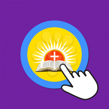Bible with cross over sunset icon. Resurrection, Easter concept. Hand Mouse Cursor Clicks the Button. Pointer Push Press