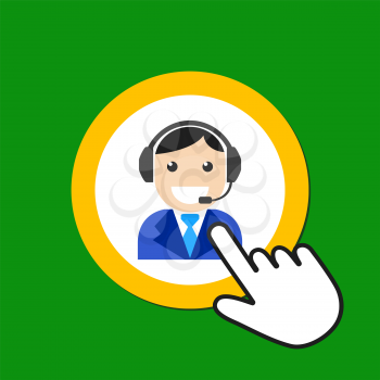Man with headset icon. Customer support concept. Hand Mouse Cursor Clicks the Button. Pointer Push Press
