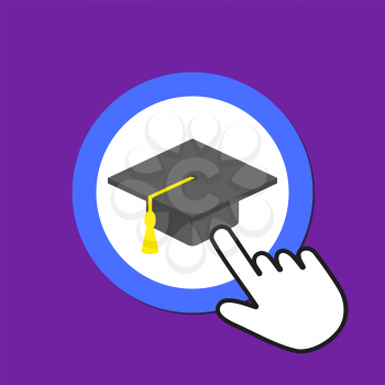 Graduate hat icon. Academic degree concept. Hand Mouse Cursor Clicks the Button. Pointer Push Press