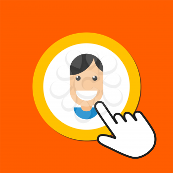 Smiling face icon. User account concept. Hand Mouse Cursor Clicks the Button. Pointer Push Press