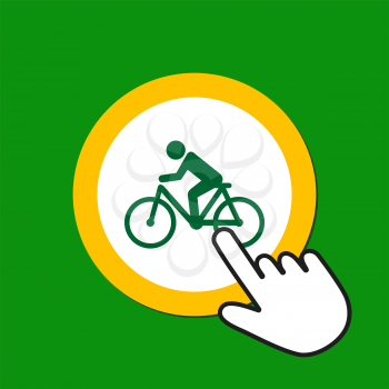 Cyclist icon. Bicycle riding concept. Hand Mouse Cursor Clicks the Button. Pointer Push Press