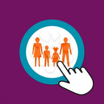 Man, woman, girl and boy together icon. Full family concept. Hand Mouse Cursor Clicks the Button. Pointer Push Press