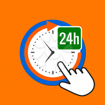 24 hours icon. Constant  service concept. Hand Mouse Cursor Clicks the Button. Pointer Push Press