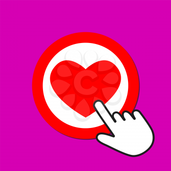 Red heart icon. Love concept. Hand Mouse Cursor Clicks the Button. Pointer Push Press
