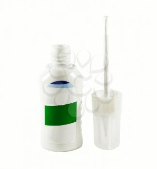 Bottle with white paint with brush on a white background