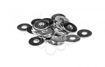 A handful of metal washers isolated on a white background