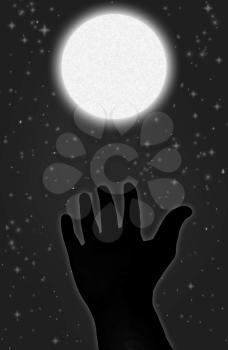 Illustration of a hand and the moon on a dark background star