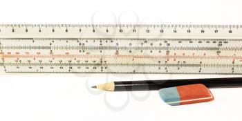 Ruler pencil and eraser on a white background