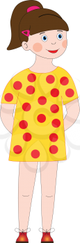 Illustration of a girl in a yellow dress with red polka dots on a white background