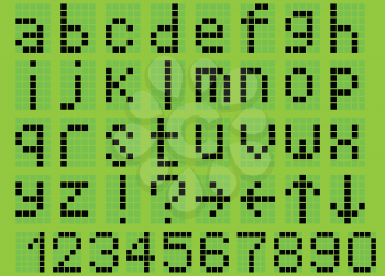 Illustration lowercase alphabet digital LCD indicator on a green background