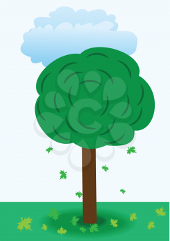 Illustration of tree with falling leaves on a background of sky and clouds