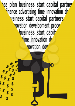 Business concept illustration of a dollar sign, silhouette of mincing and words