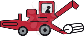 Illustration of cartoon red combine harvester on white background