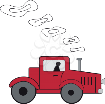 Illustration of cartoon red tractor with smoke on white background