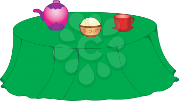 Illustration of a dinner table with kettle, cup and vase