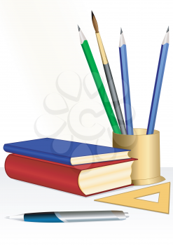 Illustration of an educational set from books, pencils, rulers and brushes