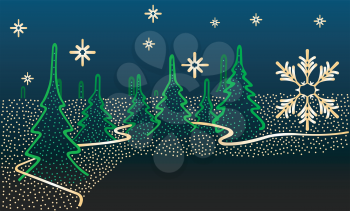 Illustration of a winter night background with fur-trees, lights and a tape