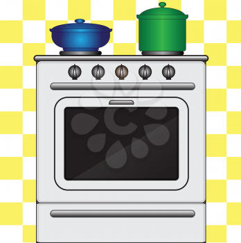 Illustration of cookstove with pots on a plaid background