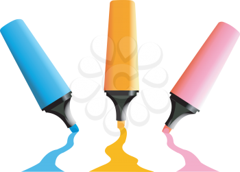 Three markers of different colors drawing lines