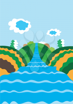 Nature illustration with the river and clouds in the sky